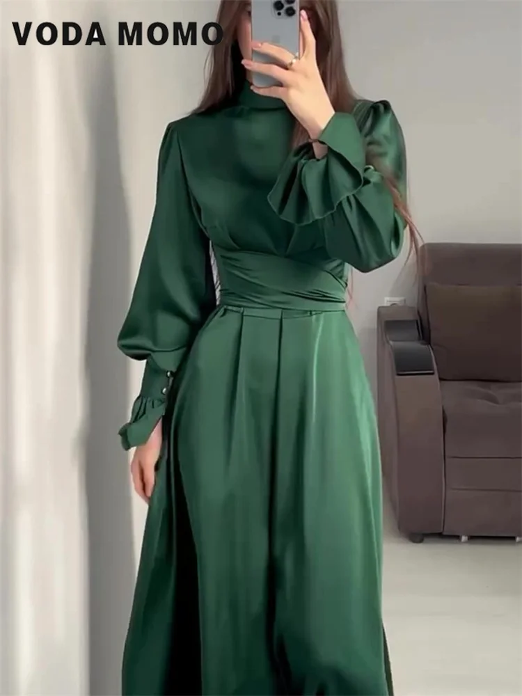 Vintage Fashion Evening Partywear Ladies Long Dress Ruffled Bandage elegante Maxi Dress per le donne Patchwork Slim Lace-Up Solid