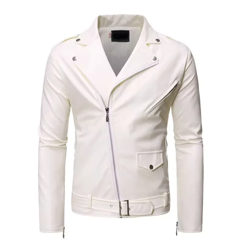 Pure Color Men Long Sleeved Leather Jacket Black / White Fashion Male Diagonal Zipper Business Casual Jacket