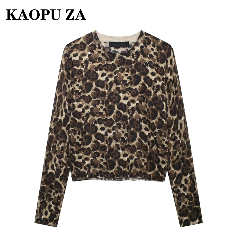 KAOPU ZA Woman's 2024 Autumn Fashion Long Sleeve LEOPARD Print Sweater Top Women Clothing Casual O-Collar Jumper Long Sleeve Top