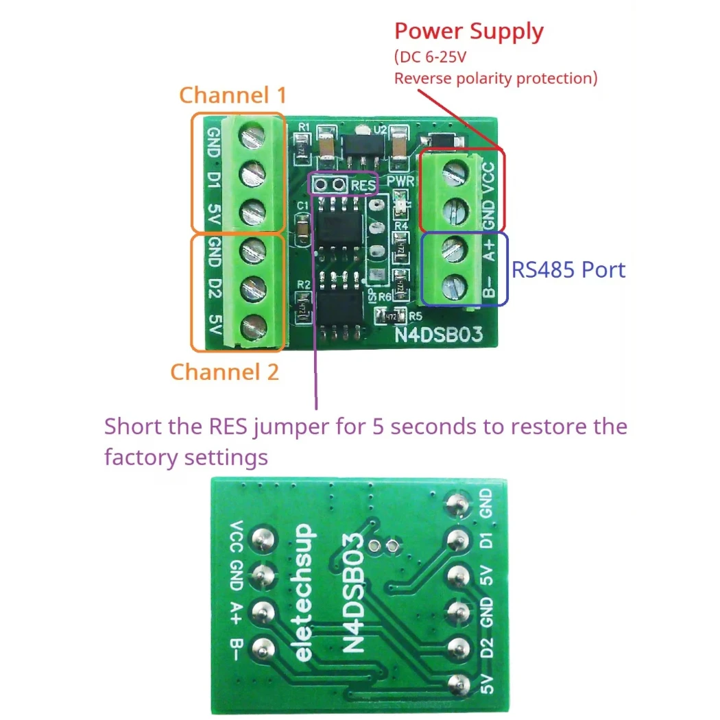 

2CH RS485 Modbus -55 до +125C Температурный коллектор DS18B20 Плата адаптера датчика HMI PLC Аналоговый вход Модуль удаленного ввода-вывода