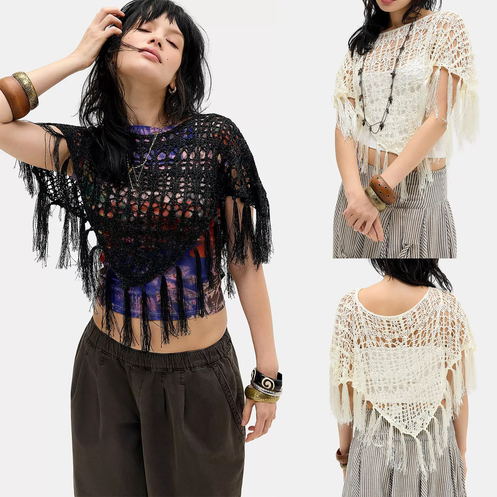Spring and Summer 2026 New Bat-sleeved Fringed Knitted Sweater Pullover Cape Shawl Women's Blouse