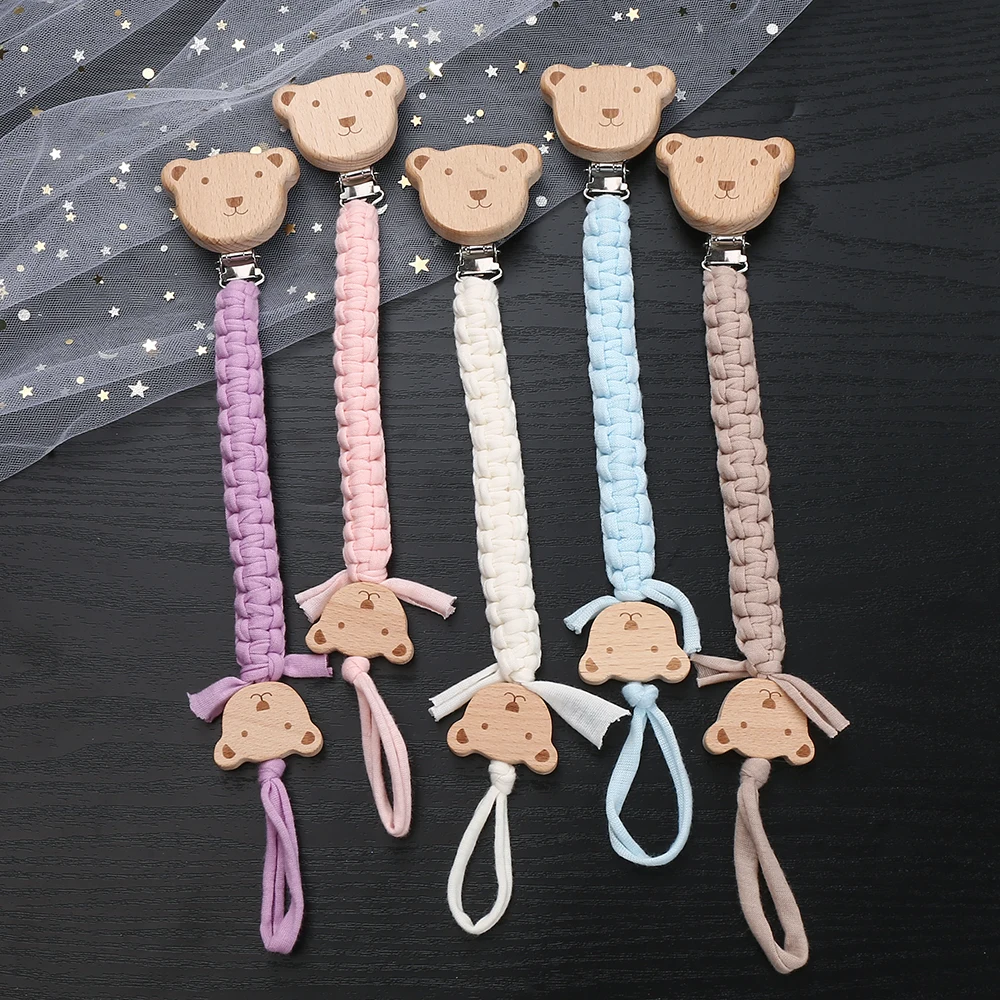 Baby Pacifier Chain Beech Wood Animal Nipple Clips Weave Cotton Rope For Infant Soother Dummy Holder Chain Nursing Chew Toys