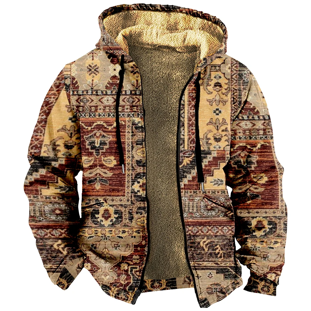 Tribal Graphic Vintage Hoodie 3d Lange Mouw Rits Sweatshirt Winter Opstaande Kraag Jas Vrouwen Herenmode Kleding