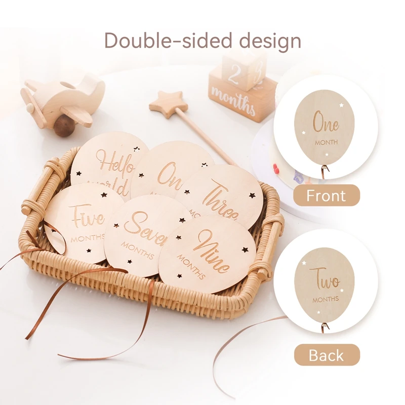 7PCS Baby 1-12 Monthly Milestone Wooden Balloon Milestone Cards Baby Newborn Photo Accessories Photography Prop Birthing Gifts