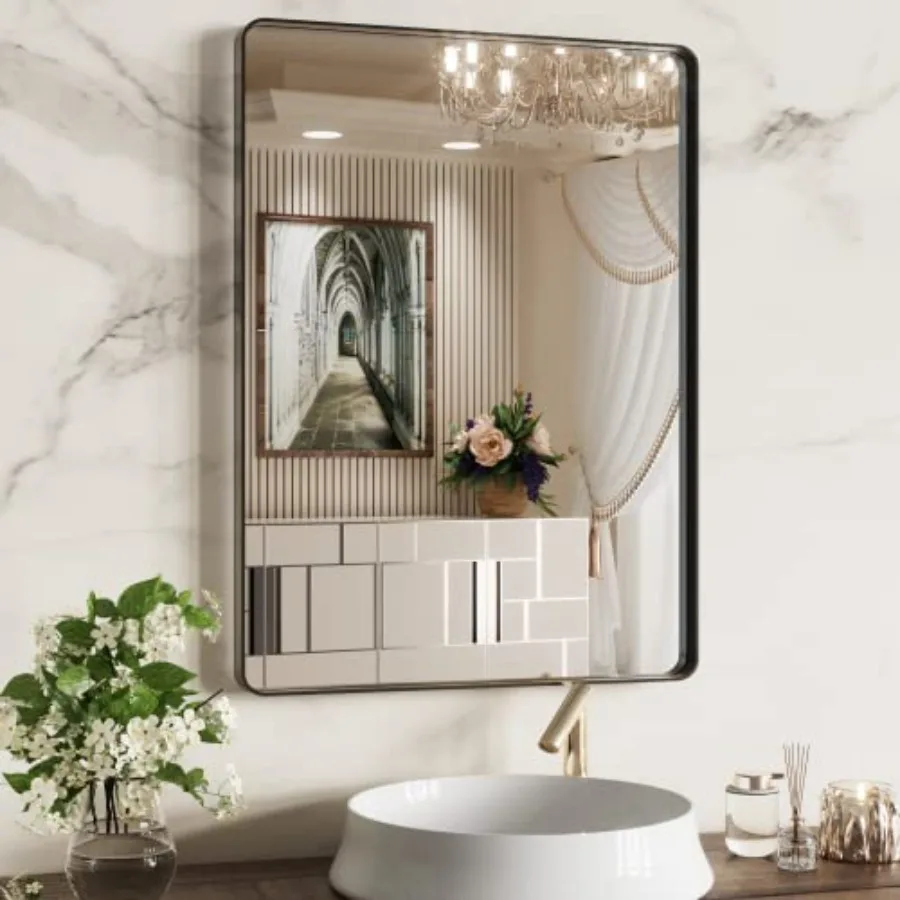 

Bathroom Mirror 22X30 Inch, Rounded Rectangle Bathroom Vanity Mirror, Metal Framed Mirror for Wall, Tempered Glass, Anti-Rust,