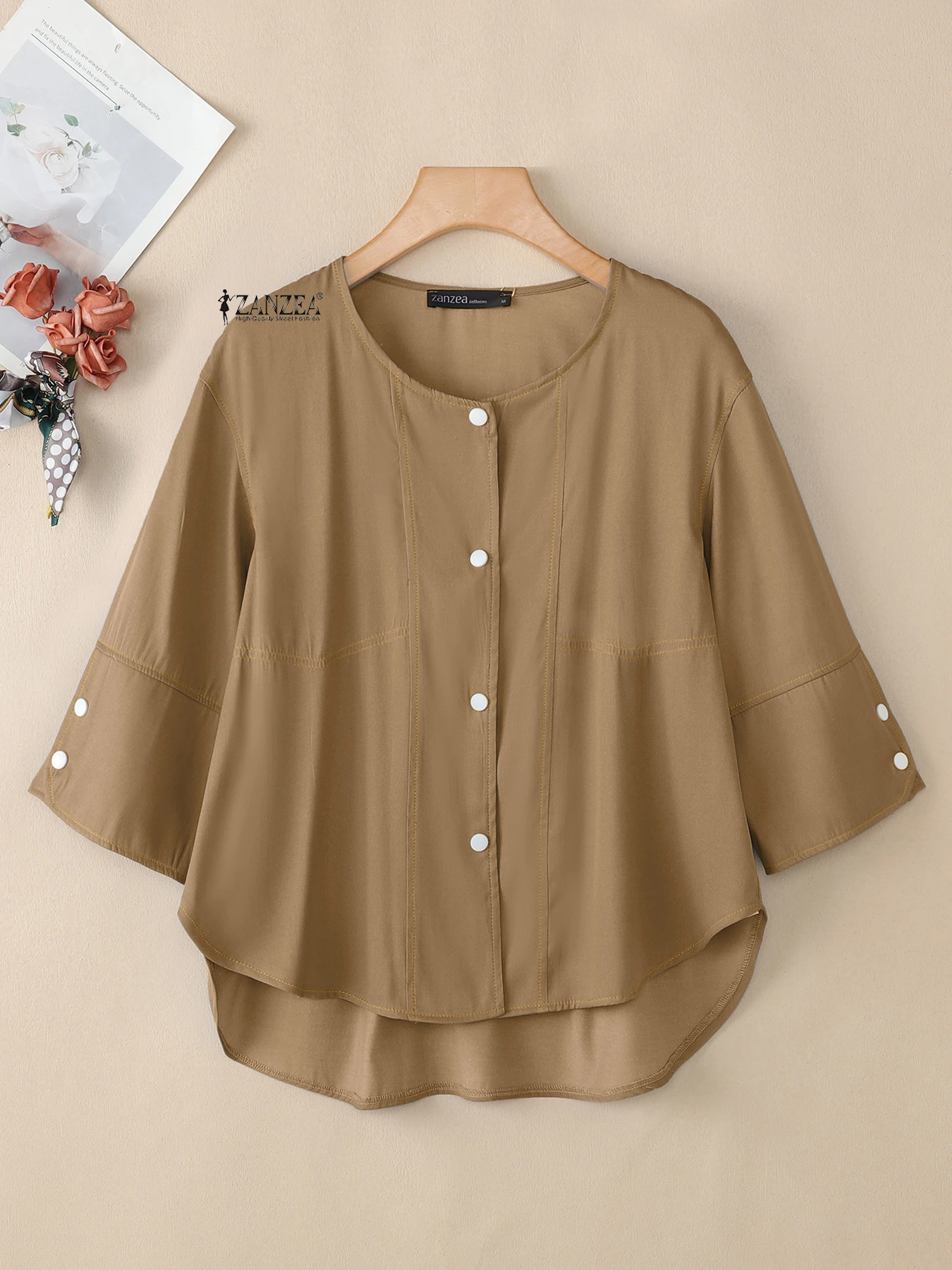 Camisas de talla grande ZANZEA, cárdigans para mujer, moda 2025, blusas lisas de moda con manga 3/4, Top informal holgado y elegante con botones de otoño