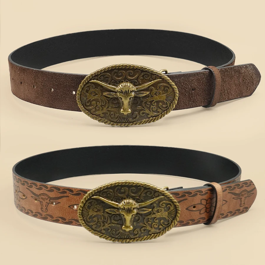 

Повседневный ремень в стиле ретро-вестерн с пряжкой из антикварного сплава в виде головы быка — универсальный аксессуар для повседневных поездок и свиданий