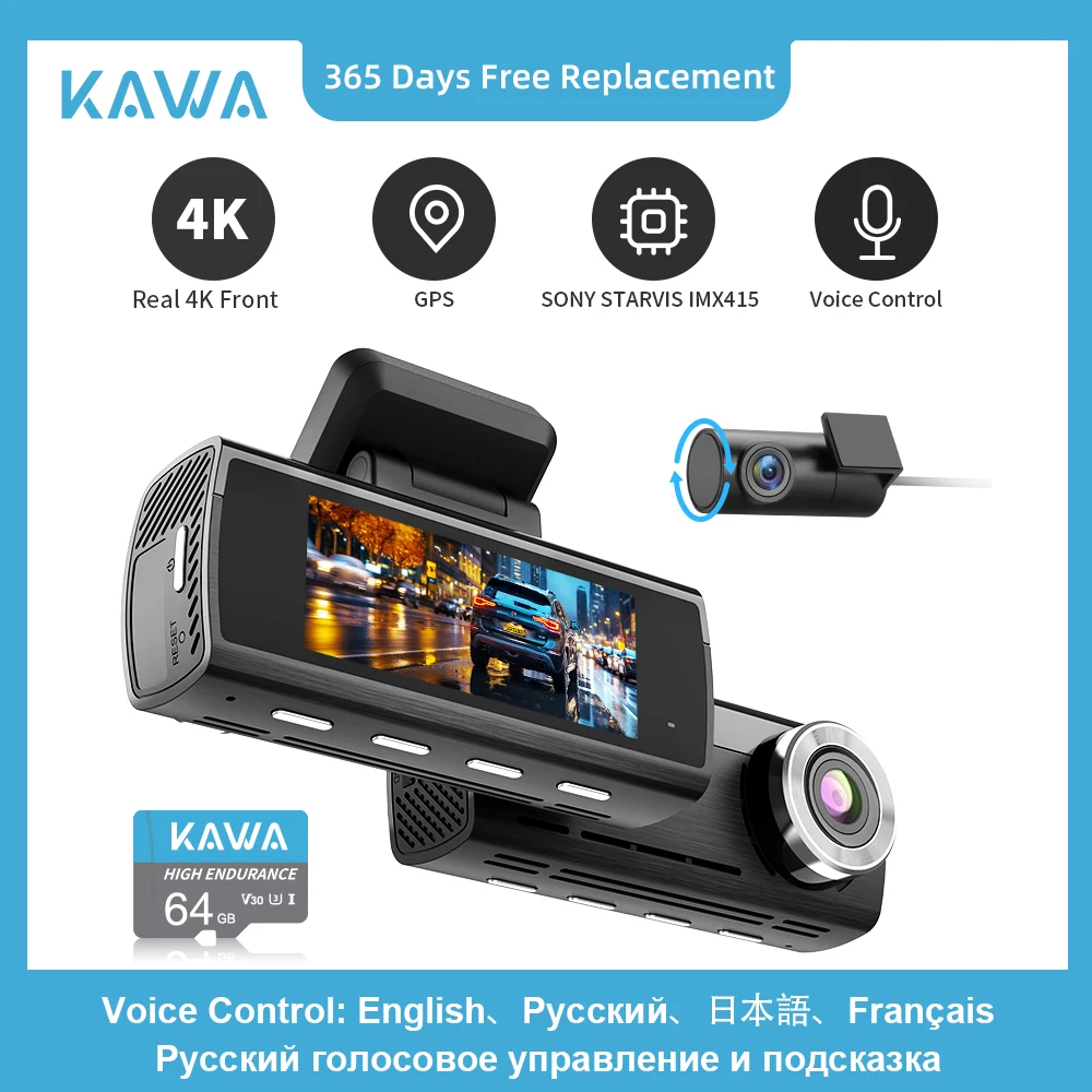 Caméra embarquée KAWA D8 pour voiture, DVR 4K, enregistreur vidéo avant et arrière, Sony IMX415, commande vocale, GPS, WiFi, Dashcam D8