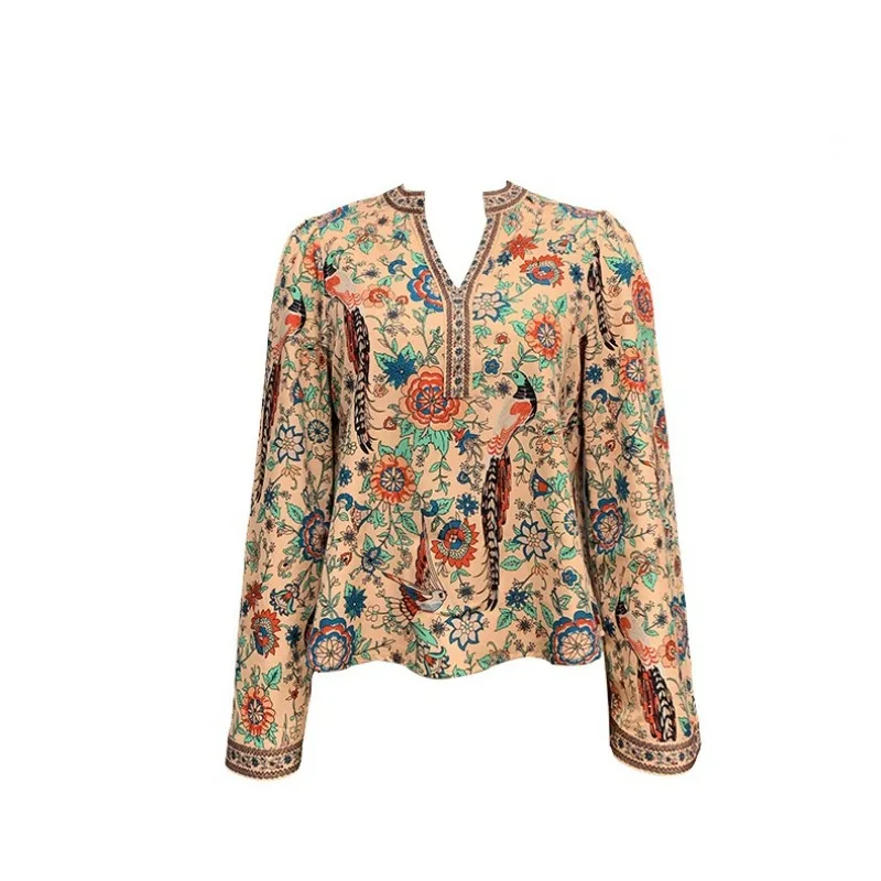 Chemisier Vintage imprimé pour femmes, chemises décontractées, mode ample, col en v, vêtements à manches longues, hauts français pour femmes, printemps/été