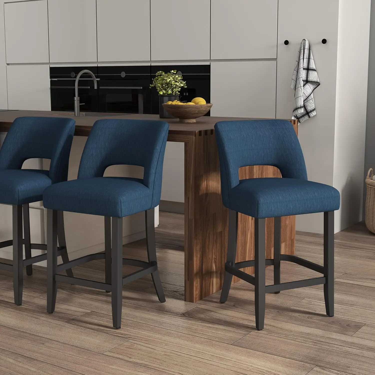 مجموعة مقاعد البار مكونة من 2، مقاعد حديثة منجدة بأرجل خشبية سوداء، وأرجل زرقاء وسوداء لجزيرة المطبخ #3