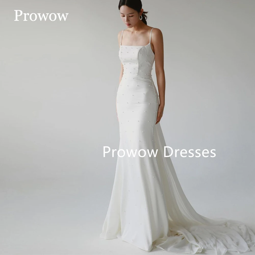 Prowow Elegant 2025 Ivory Mermaid Wedding Dress Korea Photoshoot Floor Length Pearls Bridal Gown Spaghetti Straps Customized