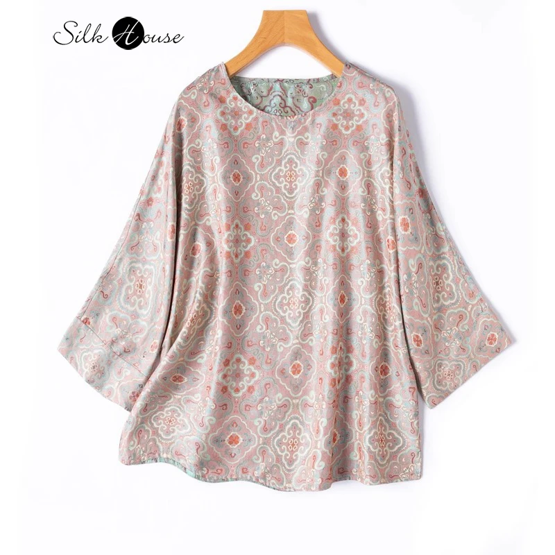 Double Sided Chinese Style 100% Natural Mulberry Silk Jacquard Shu Brocade Loose Round Neck Three-quarter Sleeve Shirt