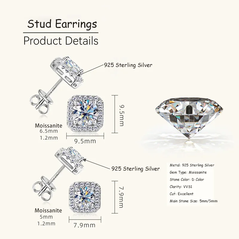 Ehhai جميع مويسانيتي الماس الكلاسيكية ساحة وأقراط للنساء 925 فضة بنات ثقب غرامة مجوهرات هدايا Aretes #2