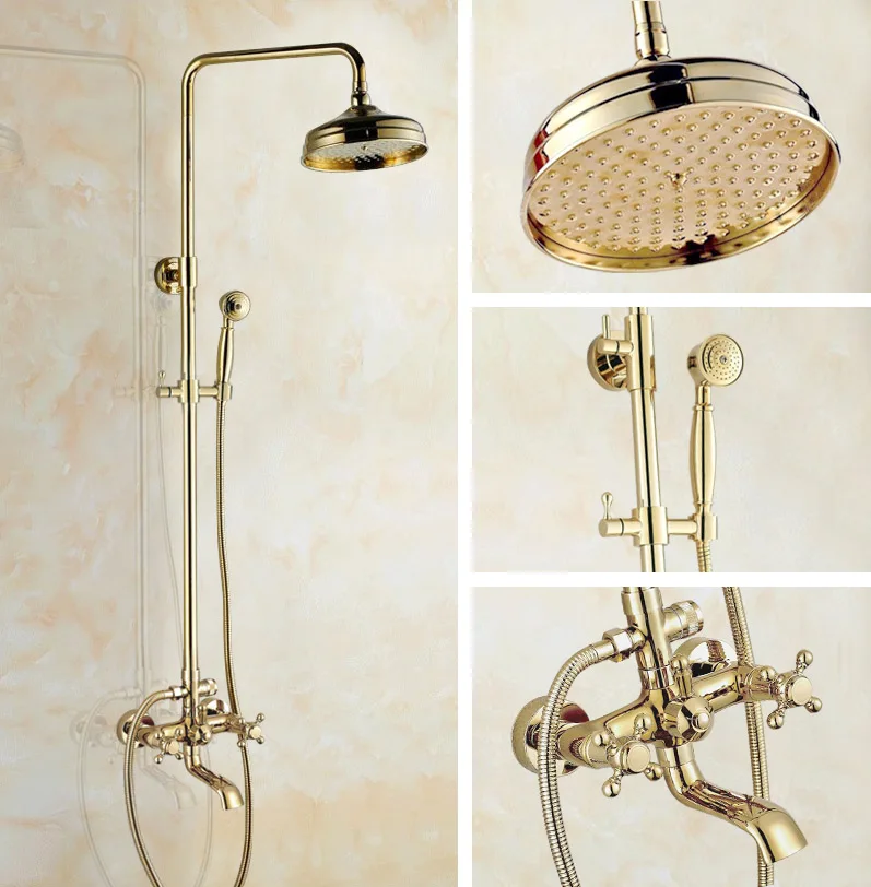 Golden Brass Wall Mounted Bathroom Faucet Set Rainfall/Handheld Shower Bathtub Hot And Cold Water Taps Kit 2gf381