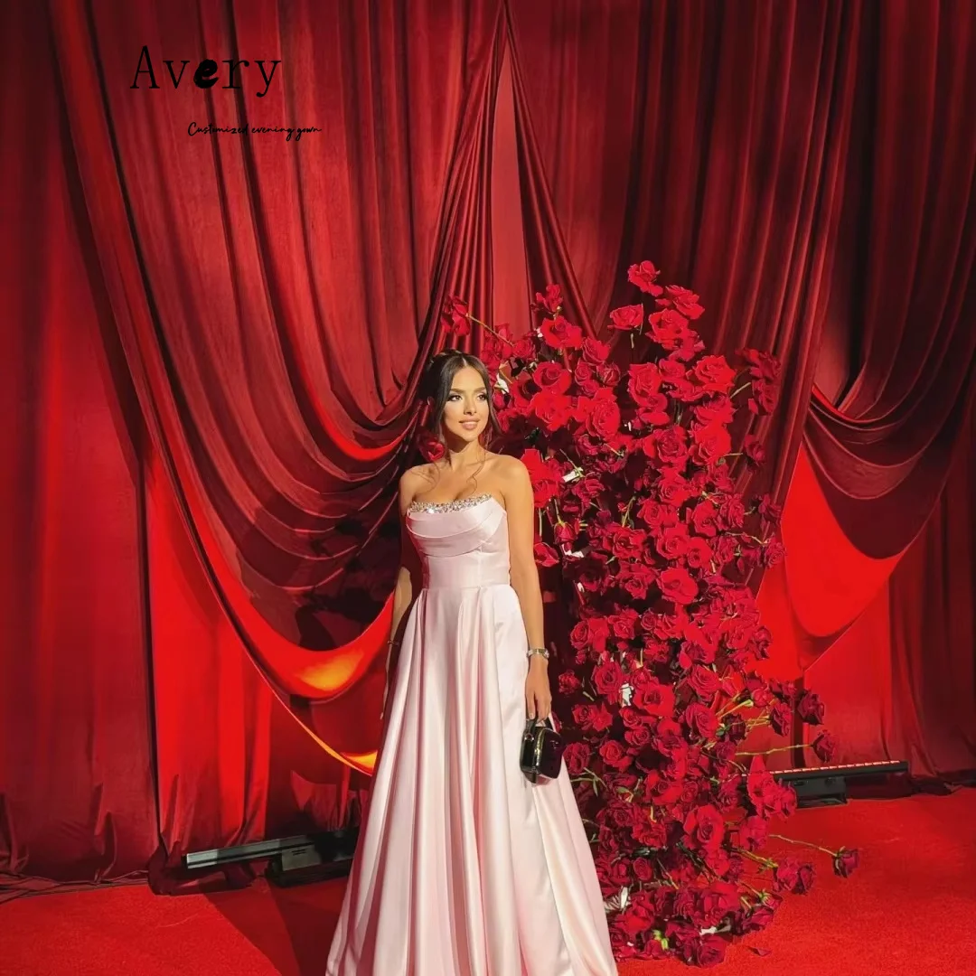 에이버리 맞춤형 핑크 민소매 오프숄더 라인스톤 럭셔리 우아한 파티 드레스 웨딩 여성 이브닝 드레스