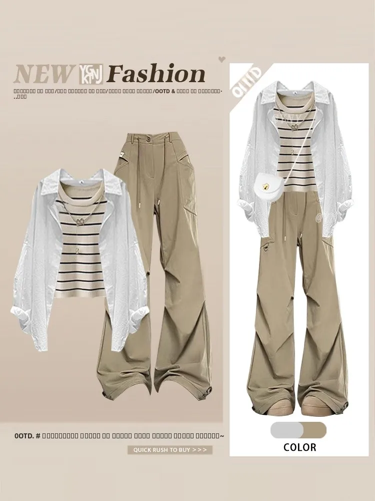 

Lazy Style Long Sleeve Shirt Striped Vest Loose Workwear Pants Autumn 2026 New Arrival Women's Fashion Set Casual Leisure Wear