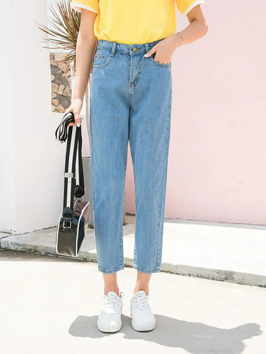 

Loose High Waist Wide Leg Jeans Women's Nine Points BF Sle Straight Harem Pants Autumn Faion Casual Slimming Denim Trousers