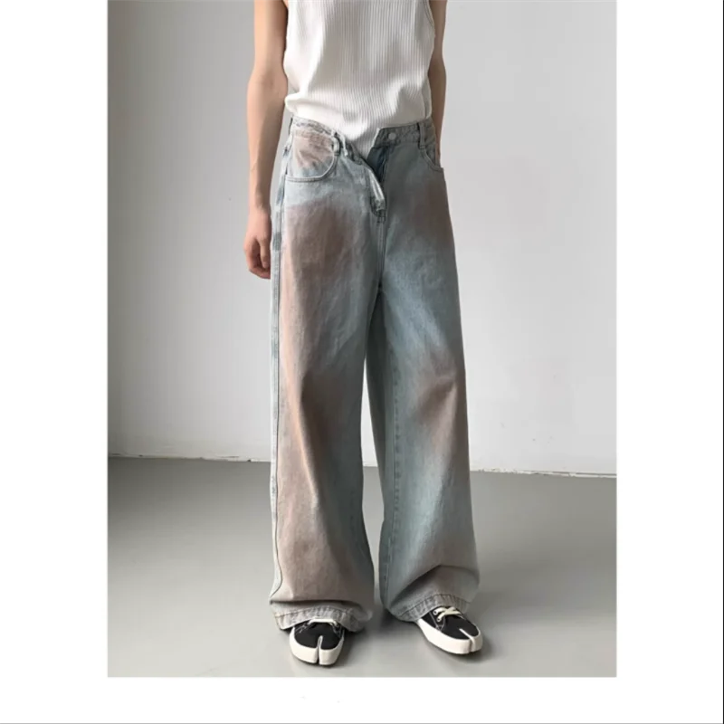 2023 Korean version of niche design dirty jeans men retro wash American tie-dye high waist straight leg wide-leg pants