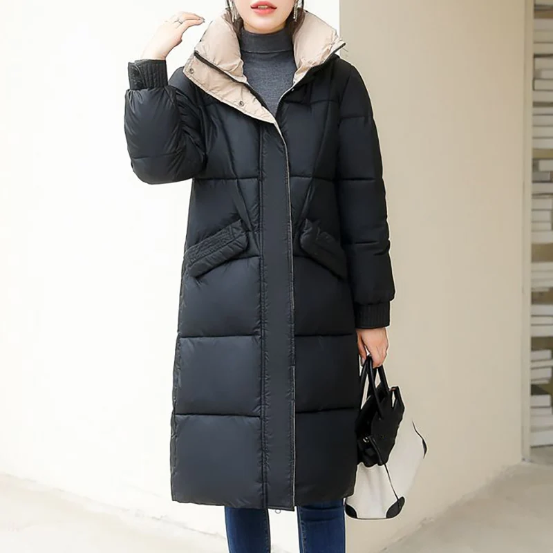 

2023 New Office Lady Warm Parkas Winter Women Slim Long Cotton Jacket Hooded Stand Collar Zipper Korean Elegant Thicken Coat