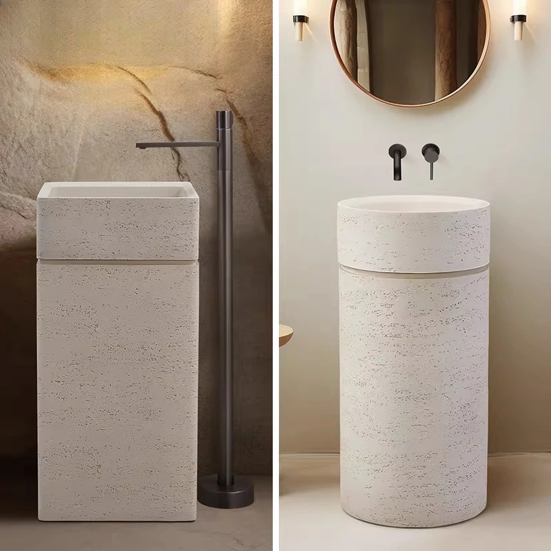 

Wabi Sandy Wind Personalized Travertine Wash Basin Square Round Integrated Floor Wash Table Creative Art Pillar Basin
