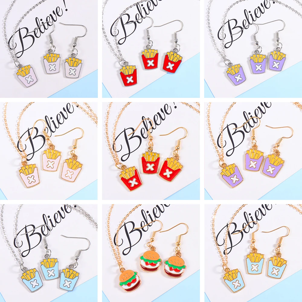 

3Pcs Enameled Fun French Fries Hamburger Earrings Necklace Sets for Women Girls New Trend Party Gifts Jewelry Wholesale