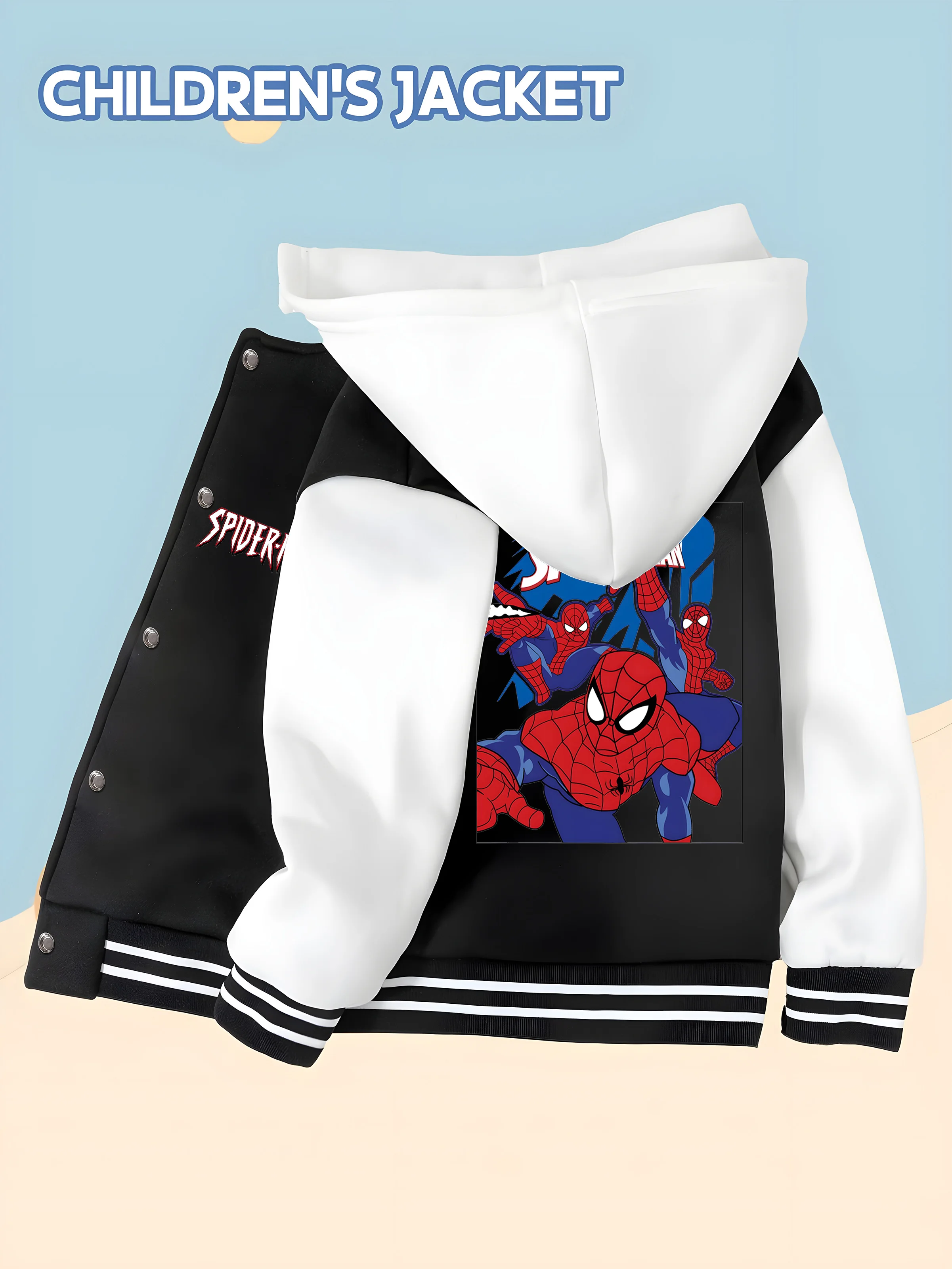 

MINISO Marvel Boys' Baseball Jacket - Spider-Man Print, Double-Sided Pattern, Comfortable Fabric, Black and White, Fashionable f
