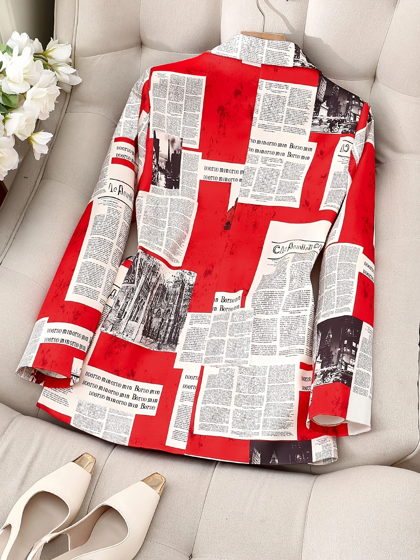 سترة بدلة متوسطة الطول بطباعة رقمية ونص عتيق أنيق وأنيق وأكمام طويلة للمكتب التجاري في المناطق الحضرية #4