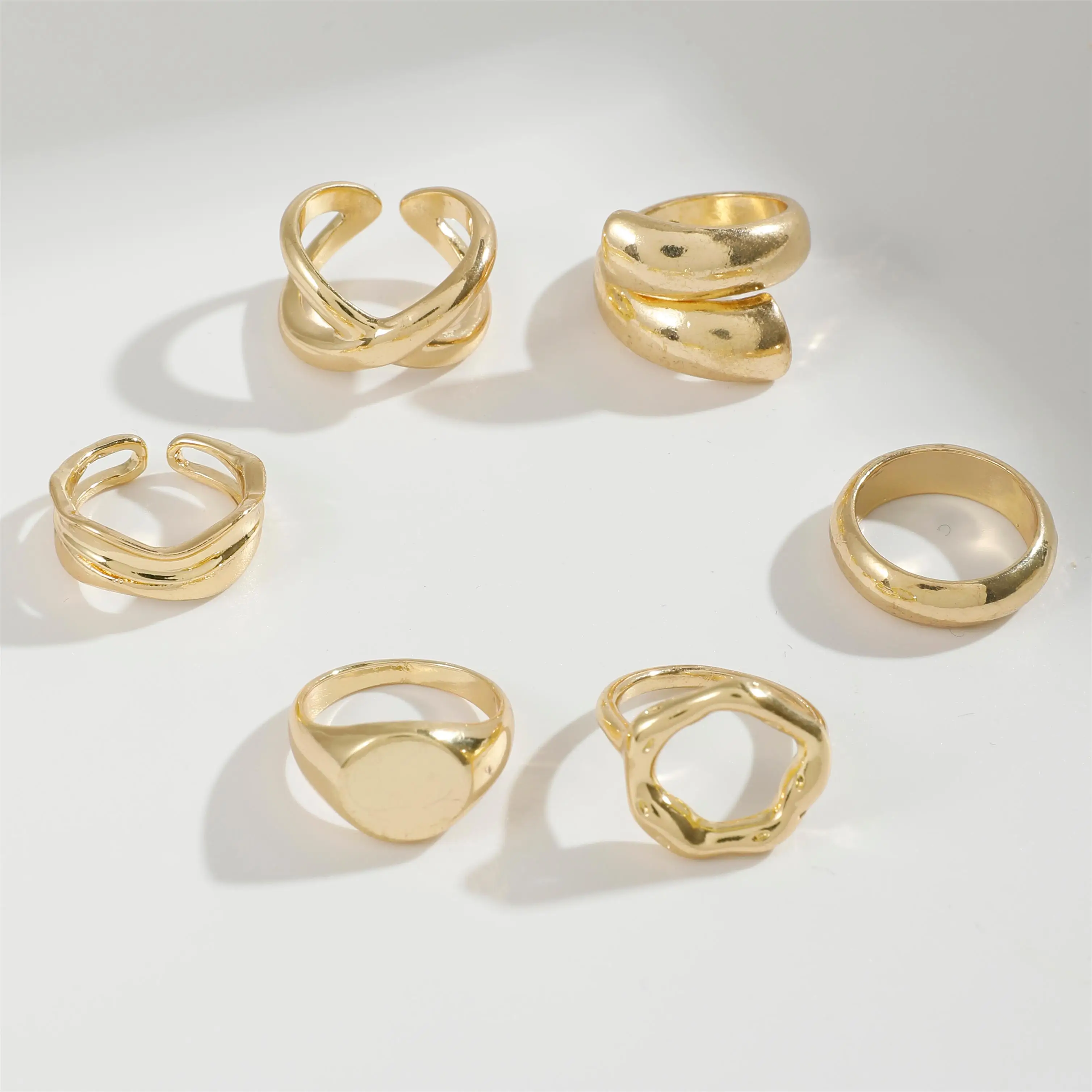 Tocona Fashion Gold Color Lrregular Intersect Ring Sets for Women Classic Smooth Wave Finger Rings Party Jewelry 6pc/set