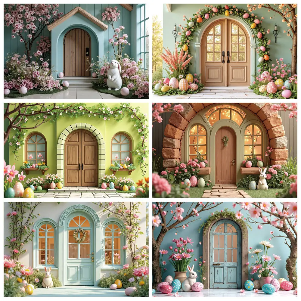 

MOON.QG Floral Spring Easter Background Photography Colored Eggs Arch Door Bunny Photocall Backdrop Baby Photo Studio Photobooth