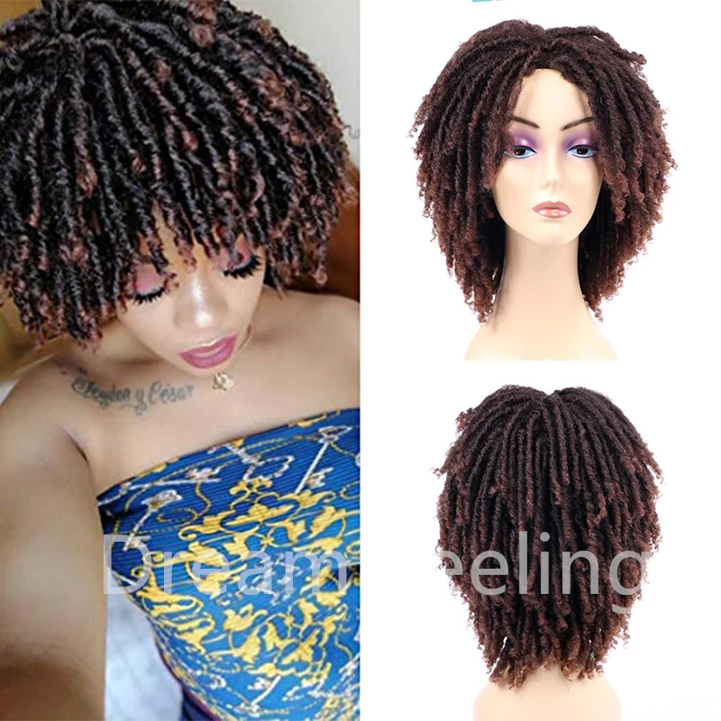 Short Curly Braids Twist Hair Synthetic Ombre Brown Dreadlock Wig Heat Resistant Fiber Daily Party Afro Wig For Women