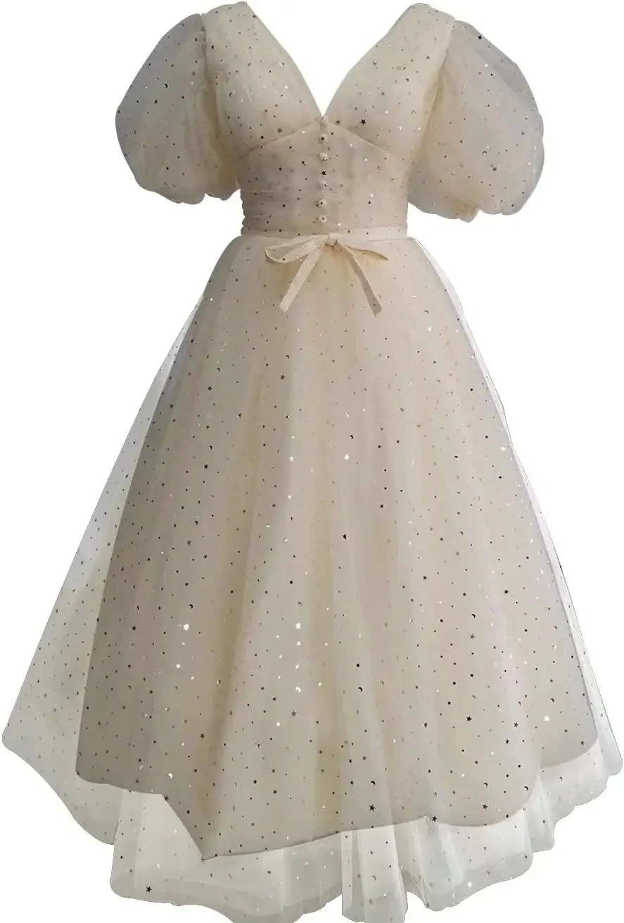 

Custom Women's Sparkle Starry Tulle Prom Dress Puffy Sleeve Slit Formal Evening Party Gown Homecoming Luxury Dress