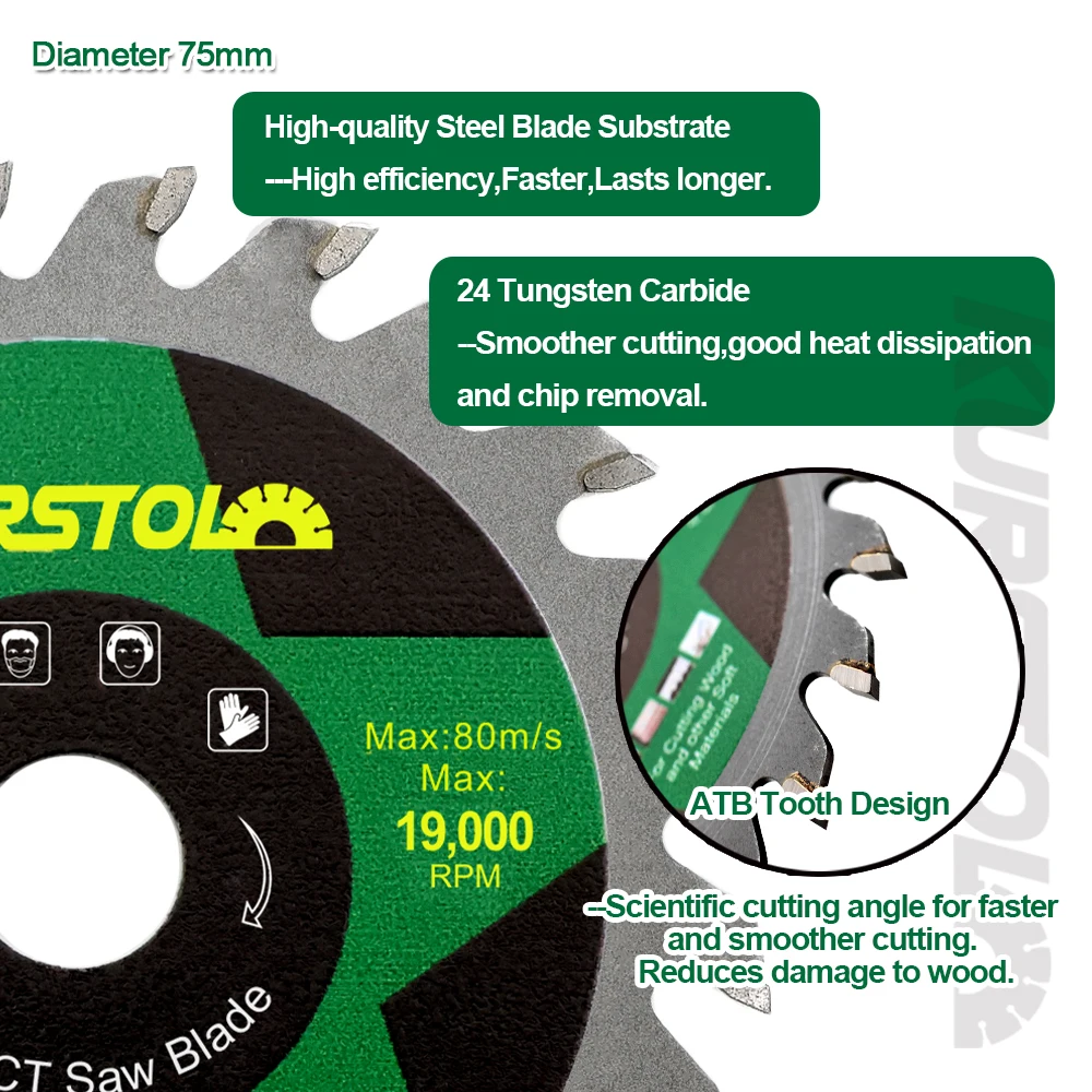 KURSTOL Dia75mm TCT lame de scie 1/2/5 pièces disque de coupe pour le travail du bois en alliage dur pour bois plastique 3 pouces Mini plaque de coupe circulaire