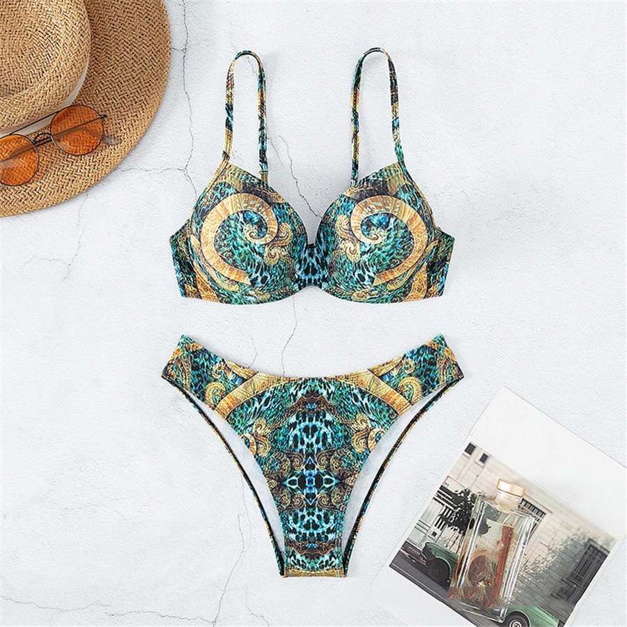 

Винтажное синее бикини с принтом, пуш-ап, купальник на косточках, сексуальный купальник, женский купальный костюм 2025 года, одежда для купания, комплекты бикини De Mujer