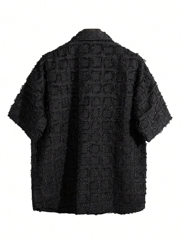 Men's Pure Black Fringed Check Shirt Premium Feeling Gangster Handsome American Raw Edge Shirt