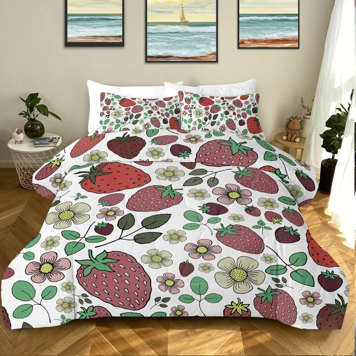 

3 Piece Dark Red Strawberries and Flowers Design Comforter Set Comfortable Quilt Set Suitable for All Seasons Home Decor