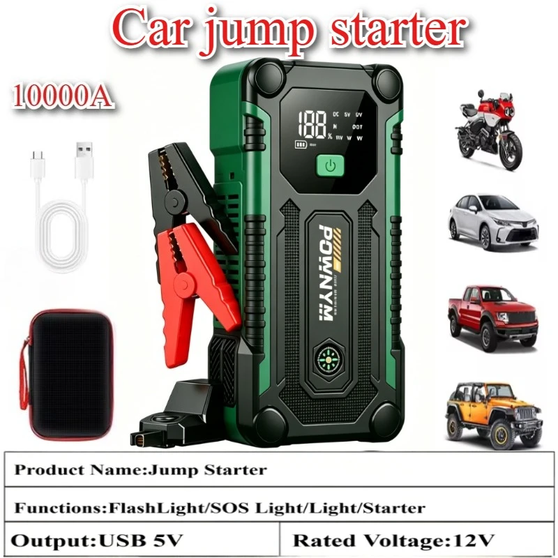 10000A POWNYM Car Jump Starter, 12V Auto Battery Booster,Portable Power Bank with Dual USB Ports, LED Emergency Light,