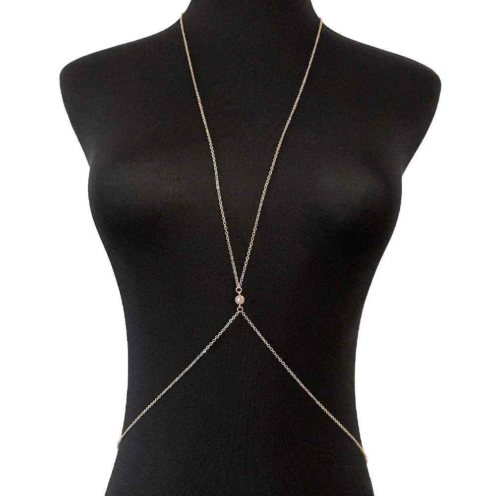 Beach Round Crystal Bikini Chest Chain Harness Women Accessories Summer Top Simple Metal Sexy Body Jewelry Bra Party for Women