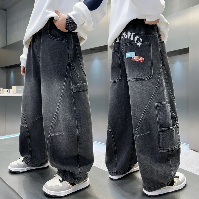 

Cool Loose Casual Jeans for Boys Trendy Wide Leg Straight Tube Long Pants Spring Autumn Medium Large Children Boy's Jeans
