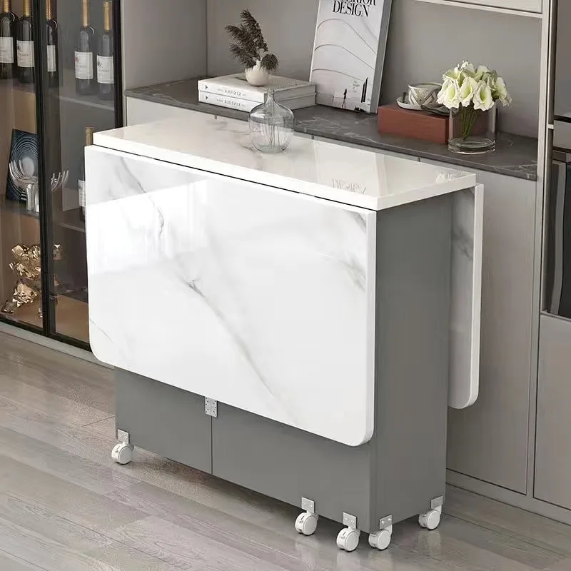 

Modern Multi-Functional Folding Dining Table Set with Storage Cabinet Wooden Home Furniture Panel Style Has Wheels