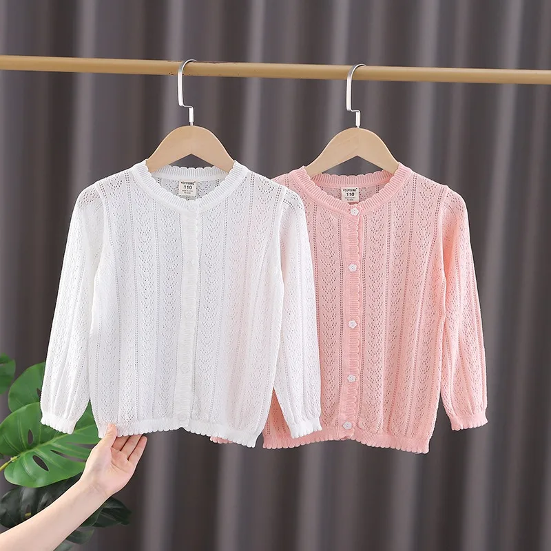 Leichte Sommer-Strickjacke für Mädchen, mittlere bis große Größen, Strickoberteil aus Eisseide, neue durchbrochene Oberbekleidung in reinen Farben