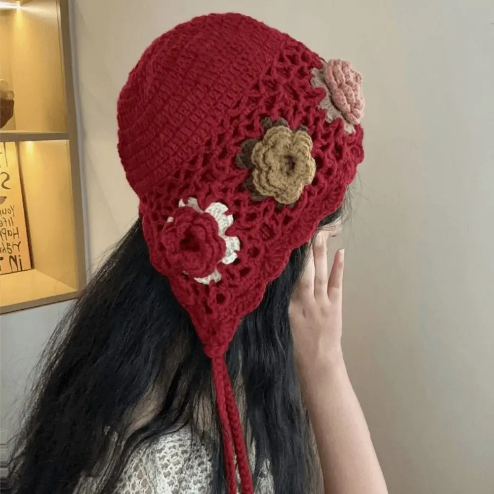 

Retro Tassels Crochet Knitted Hat Hollow Out Handmade Knit Cap Korean Bohemian Style Tassel Beanies Girls