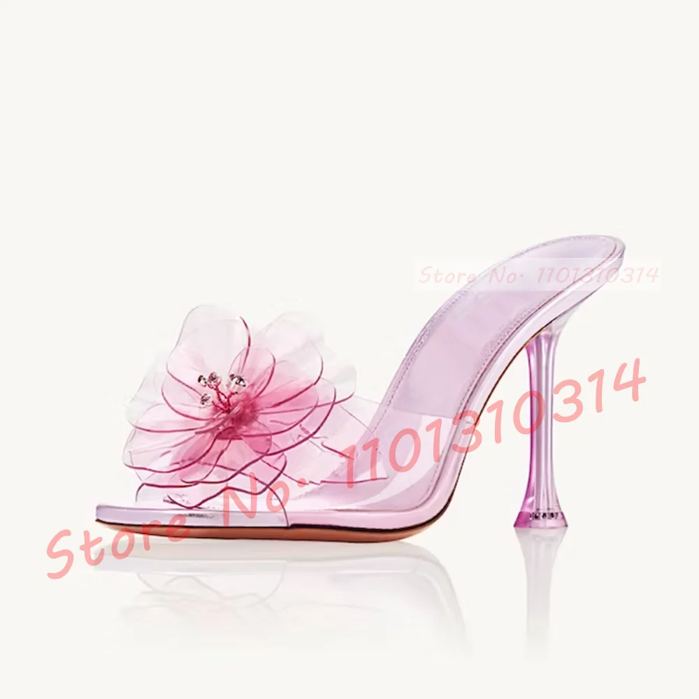 Pvc Flower Metallic Pink Slippers Women Luxury High Heels Square Toe Shoes Female Rhinestones Pistil 2023 Summer Elegant Slides