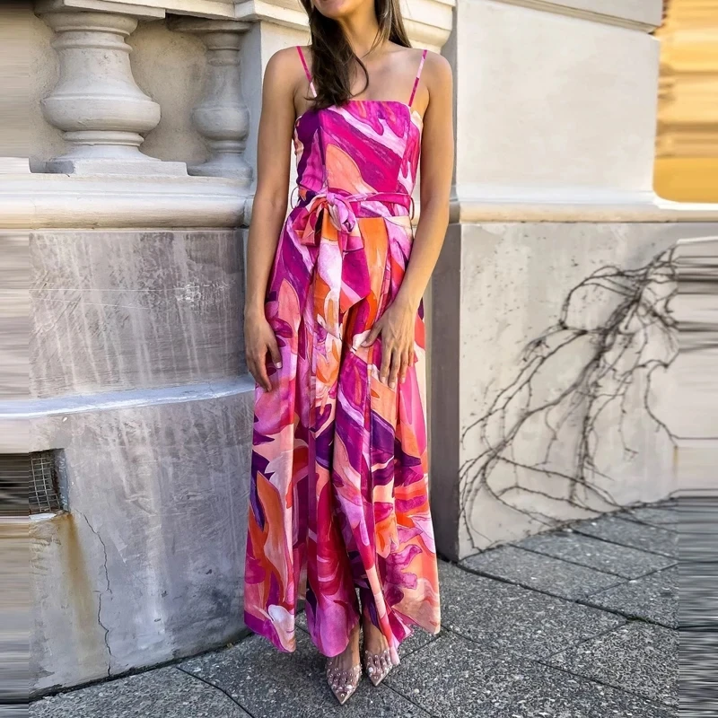 Elegant Lady Backless Rompers Fashion Contrast Color Printed Halter Jumpsuits Summer Sexy Hollow Out Sleeveless Loose Playsuits