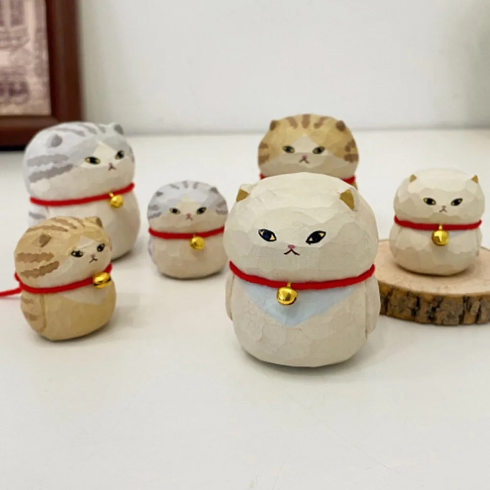 Home Decoration Wooden Carving Cat Ornament Crafts Doll Bell Kitten Ornament Handmade Cartoon Small Cat Model Desk Decor