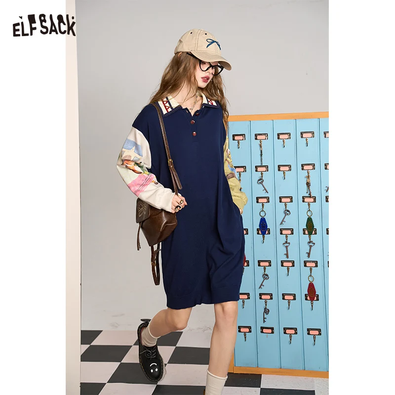 

ELFSACK 2024 Autumn New Arrive Navy blue college style H-shaped printed patchwork petite slim dress for women