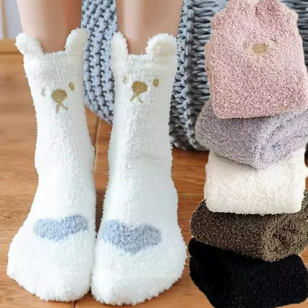 1/5Pairs Women Winter Warm Cat Paw Anti Slip Sweat Absorbing Mid Length Socks Bear Ear Trendy Cute Cat Paw Plush Socks