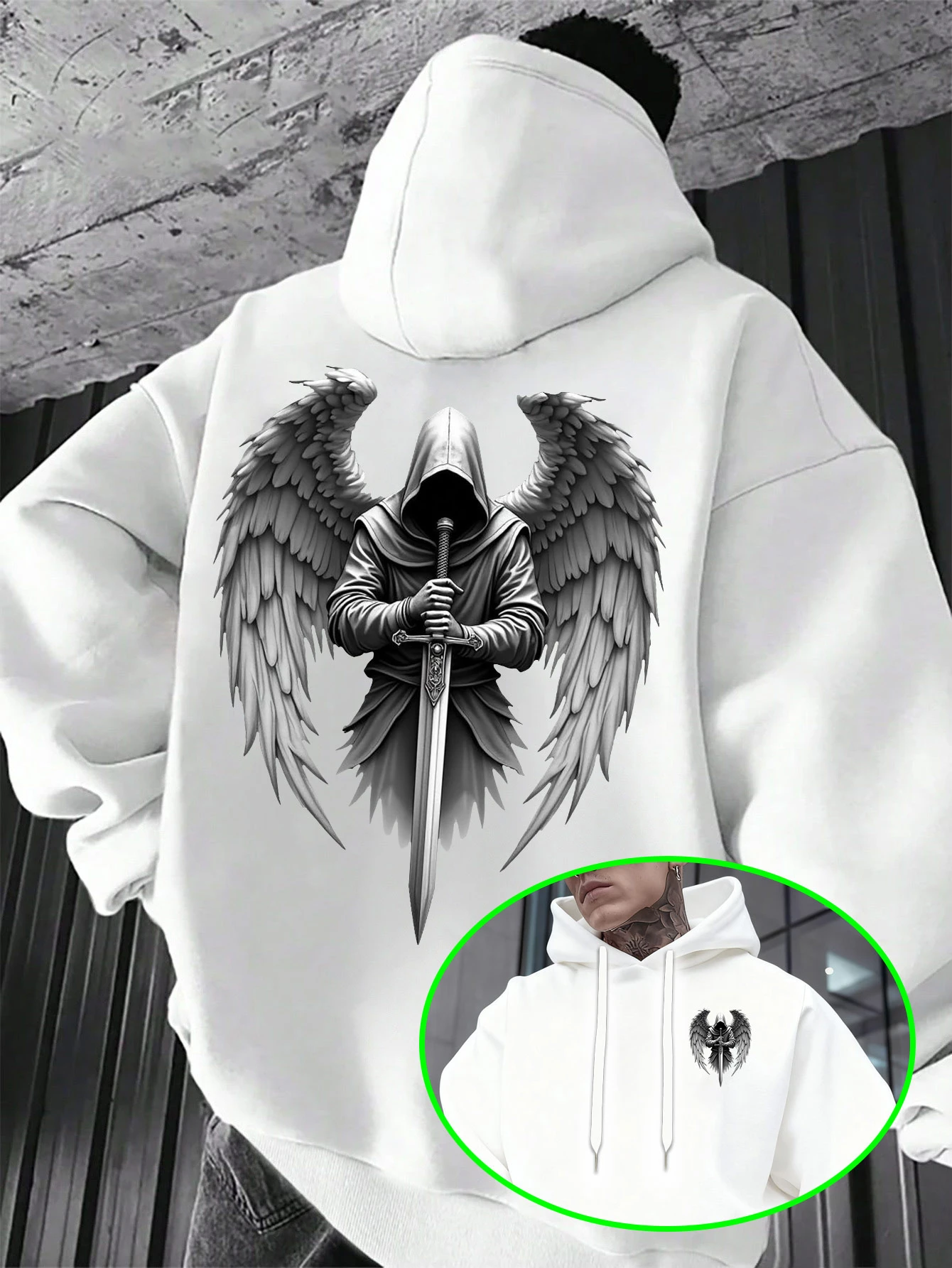Mysterious Sword-Wielding Angel Print Hooded Sweatshirt - Effortlessly Achieve Gothic Trendy Style