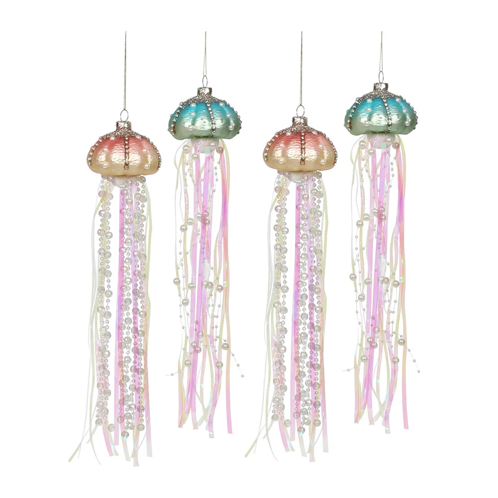 

4 Pcs Christmas Jellyfish Ornaments Xmas Tree Pendants Decoration Beaded Coastal Decorations Wall Hanging