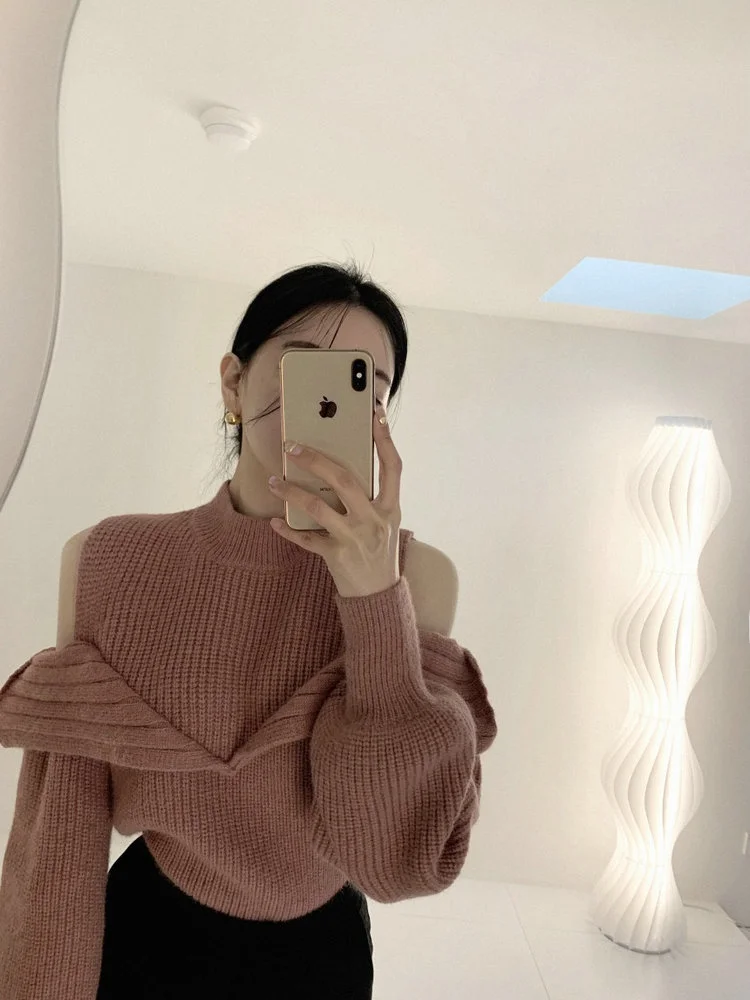 

Solowen Pink oulder Bared High Collar Thiened Knitted Long Sve Overhead Splice Sweater Women's Faion Commute Sle
