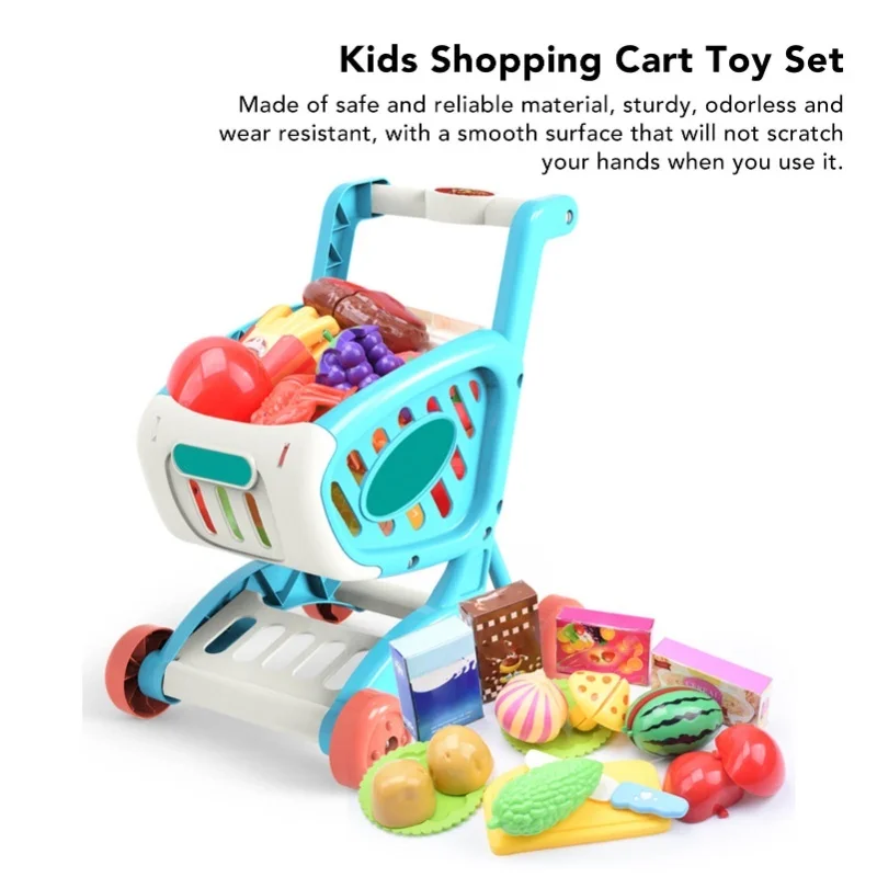 Boodschappenwagen voor kinderen Speelset Fruit Groenten Voedselartikelen Educatief Heldere kleuren Winkelwagentje Speelgoedset Blauw